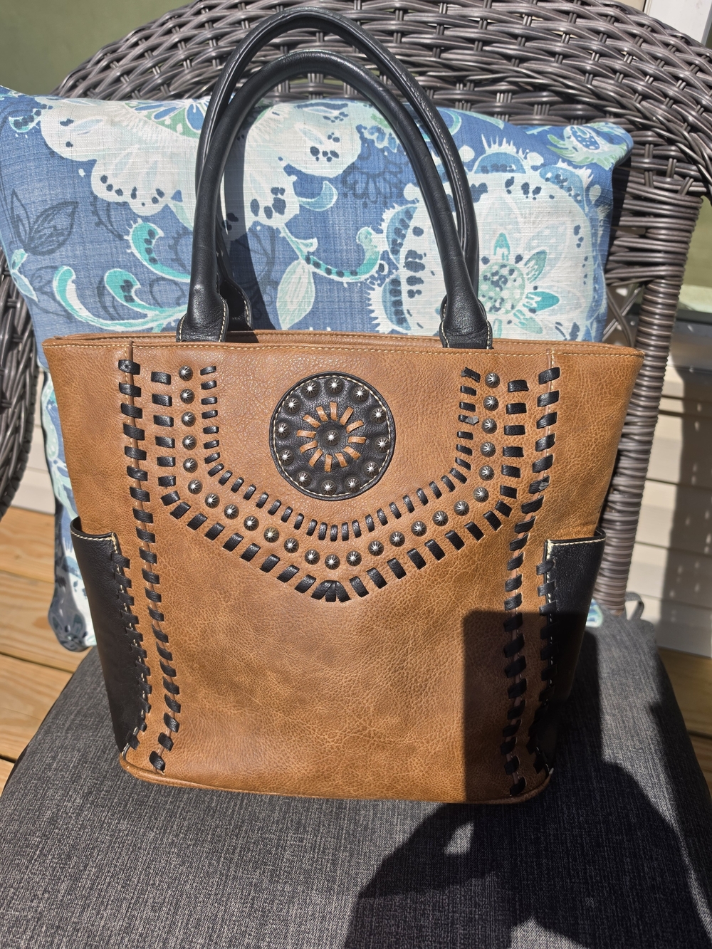 Women’s Tan and Black Studded Concealed Carry Shoulder Bag